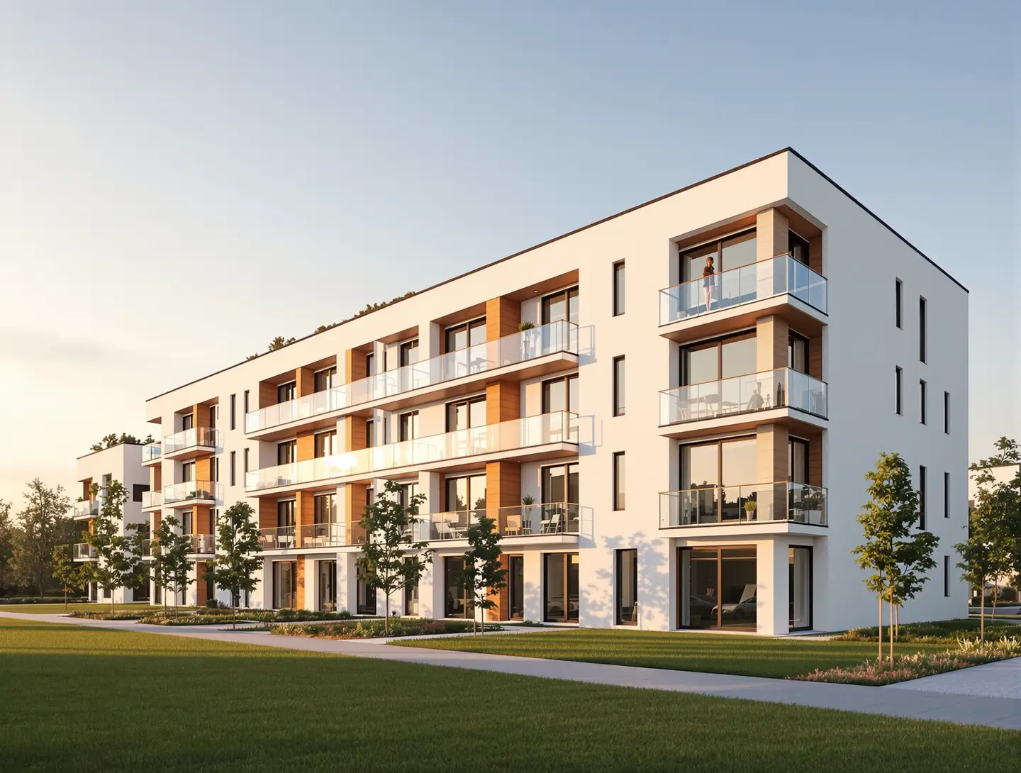 Fertiggestelltes Mehrfamilienhaus mit Holz- und Glasfassade in der Abendsonne